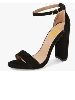 FSJ Black-suede Chunky High Heel Sandals Open Toe Ankle Strap Single Band Shoes